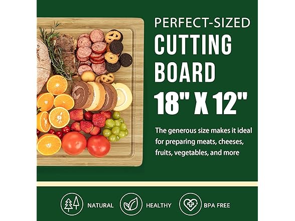 Bamboo Wood Cutting Board for Kitchen, 18"x12"