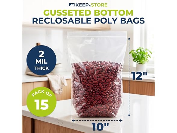 Gusseted Reclosable Bags with Bottom Gusset, Pack of 15