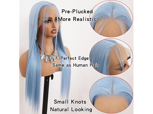 Maycaur Ice Blue Lace Front Wigs Long Straight
