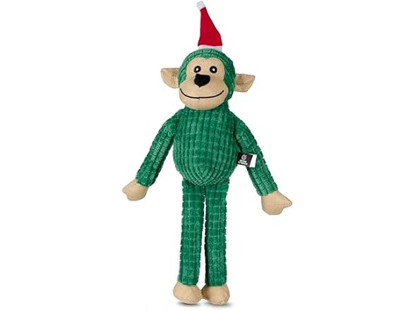Bow Wow Pet Pixel Monkey with Santa Hat Plush Squeaky Toy