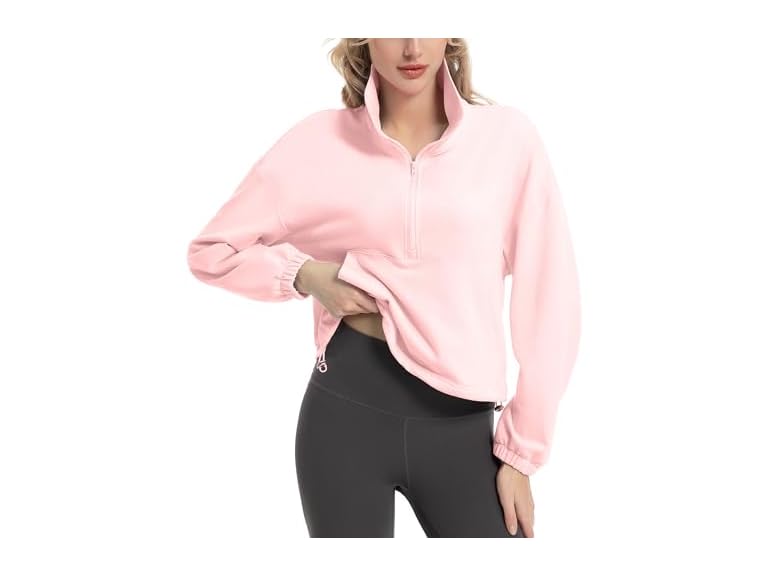 FKEEP Quarter Zip Pullover Women Cropped Sweatshirt Long Sleeve Crop Top Stand Collar Drawstring Casual Pullover zPink a S