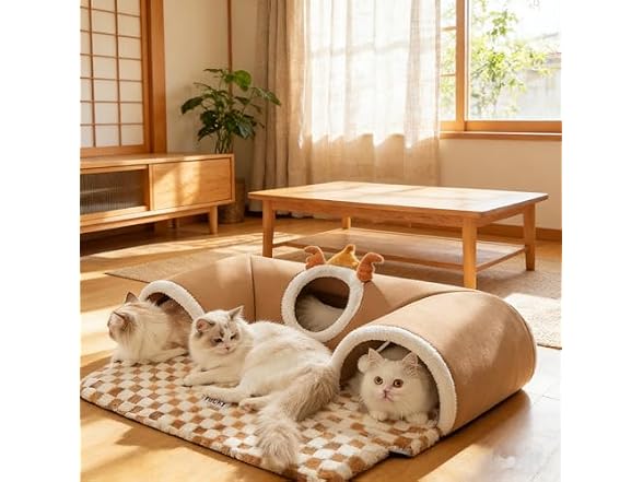 GoofyPet Cute Tunnel Cat Bed with Plush Mat, Cozy Cave, Large