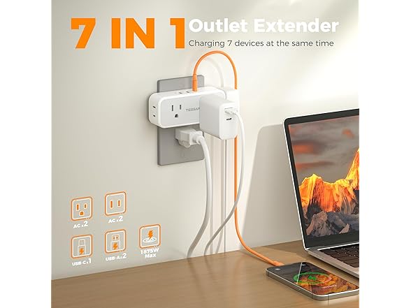 TESSAN Outlet Splitter (4 Outlets, 2 USB-A, 1 USB-C)