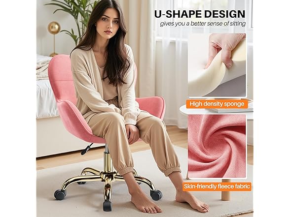 BestEra Vanity Chair with Wheels, Cute Desk Chairs Adjustable Height for Bedroom, Modern Makeup Chair with Back(Pink) (Open Box)