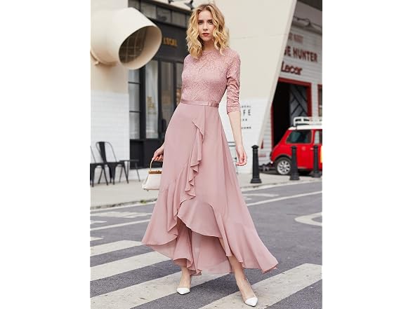 Miusol Women (S) Elegant Lace Ruffle Maxi Dress