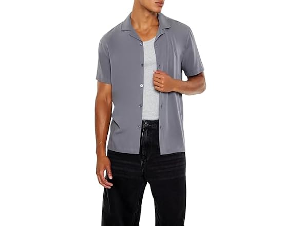Forever 21 Men (M) Rayon Cuban-Collar Shirt Grey