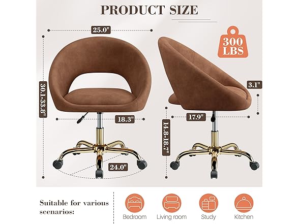 BestEra Vanity Chair with Wheels, Modern Makeup Vanity Chairs with Back Adjustable Height, Comfy Cute Home Office Desk Chairs for Bedroom, Living Room (Upgraded-Brown) (Open Box)