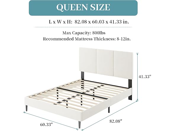Queen Bed Frame, Upholstered Headboard