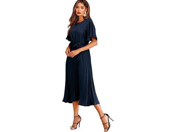 Milumia Women (M) Elegant Belted Pleated Dress
