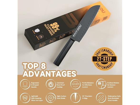 OOU 7" Santoku Knife, Black Blade