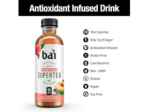12CT Bai Iced Tea, Narino Peach, Antioxidant Infused