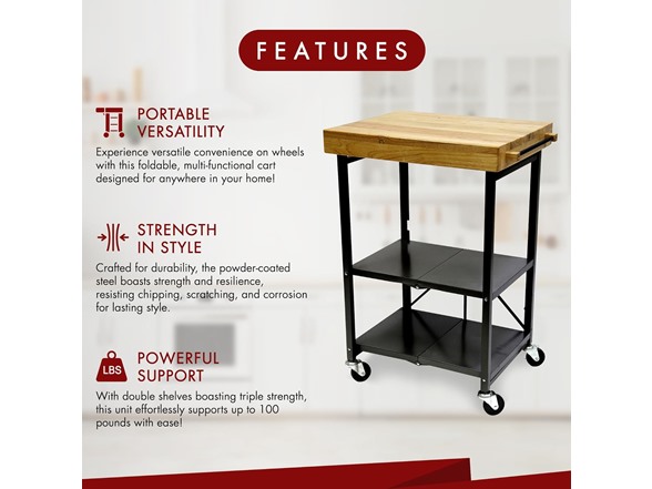 Origami Foldable Wheeled Steel Frame Wood Top Cart