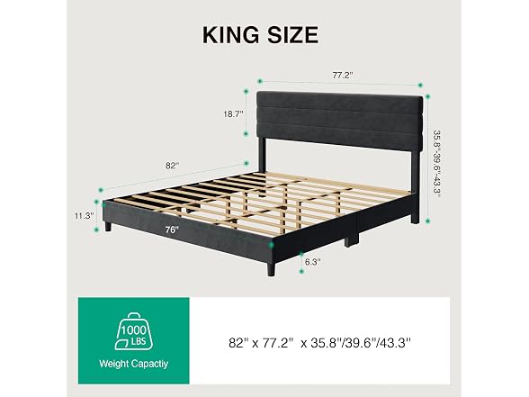 Novilla King Bed Frame and Headboard, King Bed Frame, Velvet
