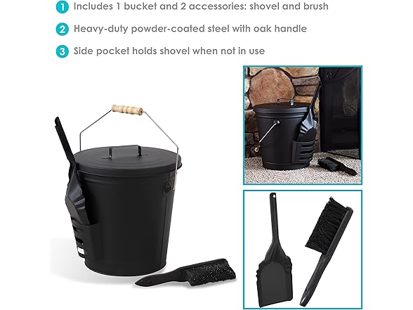 Sunnydaze 5‑Gallon Ash Bucket with Lid, Shovel & Brush