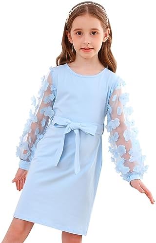 Girl's Puff Long Sleeve Dress With Belt