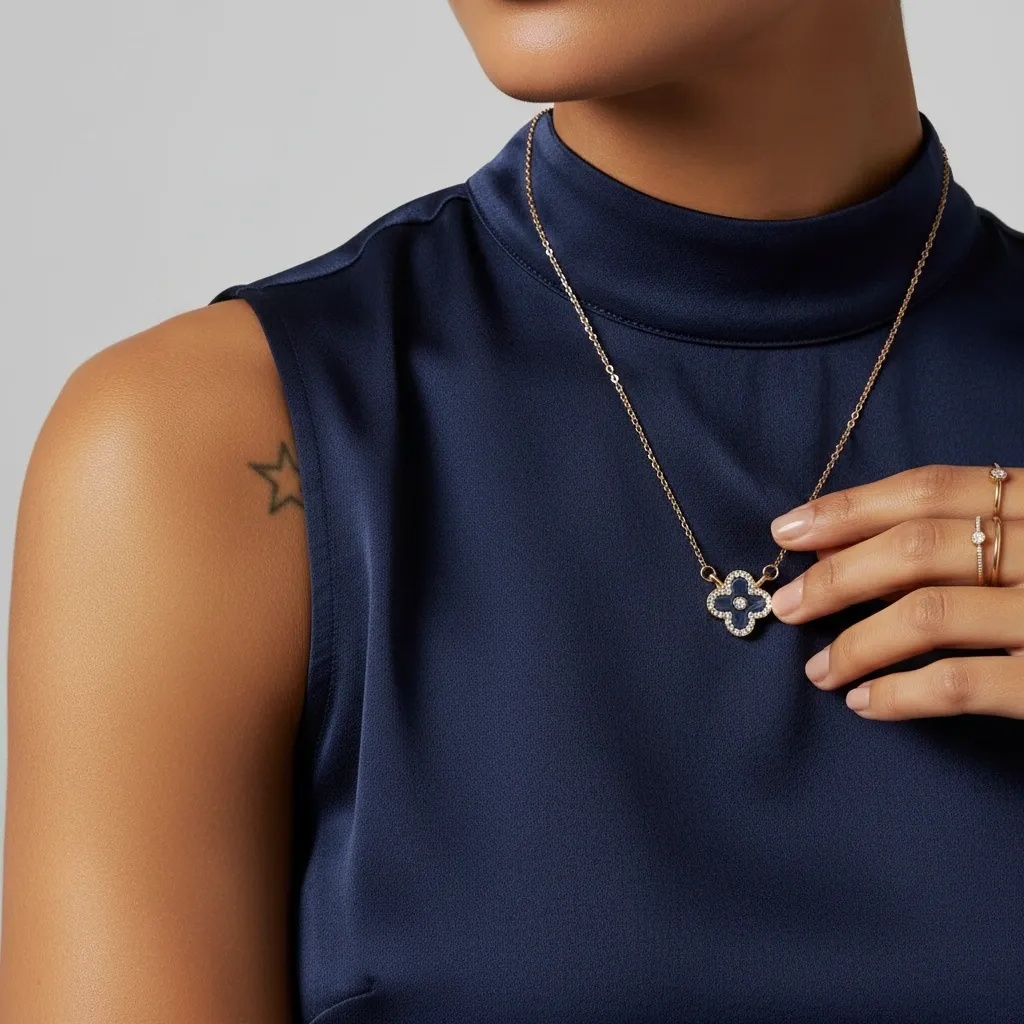 Clover CZ Halo Necklace - Black - Gallery 8