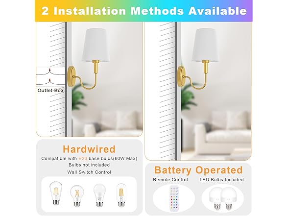 Wireless Rechargeable Wall Sconce, 2 Pack -Choose Color