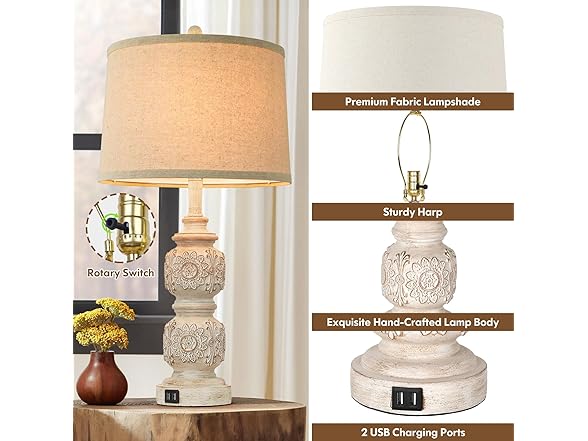 VerRon Carved Floral Lamps with USB Ports