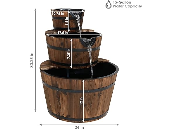 Sunnydaze 3-Tier Wood Barrel Water Fountain