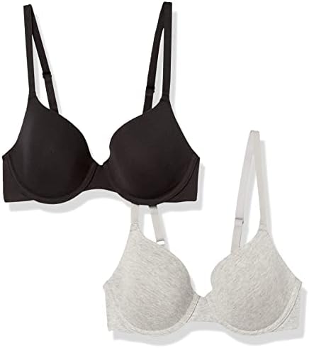 Amazon Essentials T-Shirt Bras for Women, Comfortable Underwire, Pack of 2, Black/Grey Heather, 36DDD