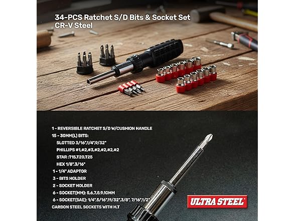 ULTRA STEEL TS02265J-1 34 PC RATCHET S/D BITS &