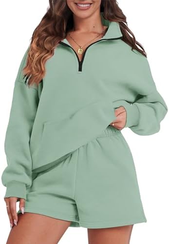 FKEEP Womens Sweatsuits 2 Piece Outfits Half Zip Sweatshirt Sweat Shorts with Pockets Lounge Sets(Green,X-Large)