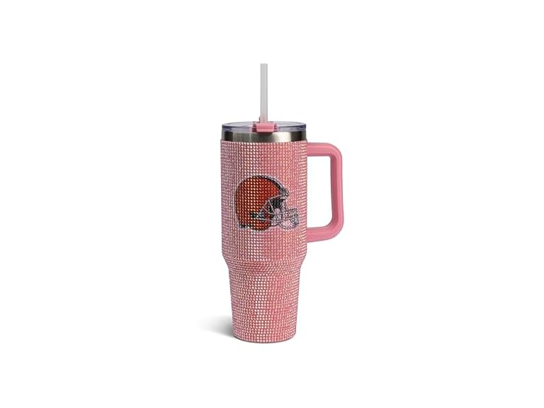 The Memory Company Officially Licensed 40oz Pink Game Day Bling Stainless Steel Tumbler - Premium Insulated Double-Wall Travel Cup With Handle and Straw Lid
