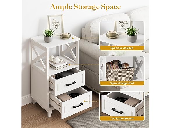 RoyalCraft 30" Tall Nightstand, Modern Painted Bedside Table with 2 Drawers and Open Shelf, Wood Side Table for Bedroom, Home Office, White-Open Shelf Above, Set of 2 (Open Box)