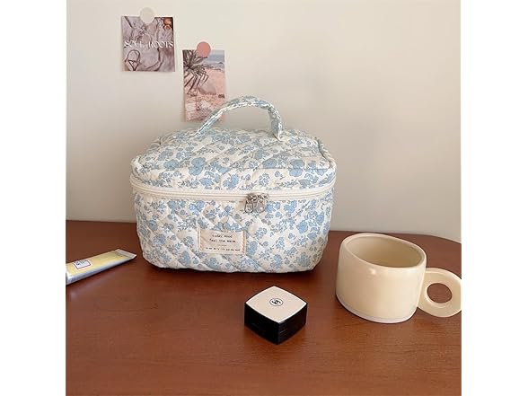 Aesthetic Floral Quilted Cotton Cosmetic Bag