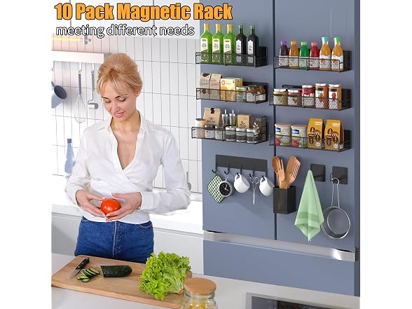Magnetic Spice Rack for Refrigerator, 10 Pack Black
