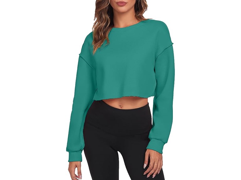 FKEEP Cropped Sweatshirts for Women Long Sleeves Crewneck Pullover Crop Tops Oversized Fit