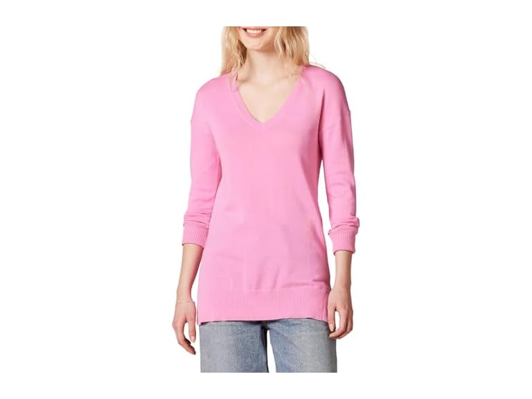 Amazon Essentials Women's Lightweight Long-Sleeve V-Neck Tunic Sweater (Available in Plus Size), Pink, Medium
