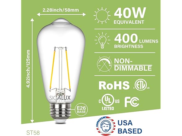 Sigalux Sigalux Edison Bulbs, E26 LED Bulb ST58 Filament Cle