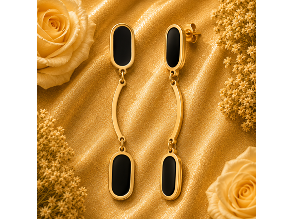 18K Gold Black Oval Drop Earrings