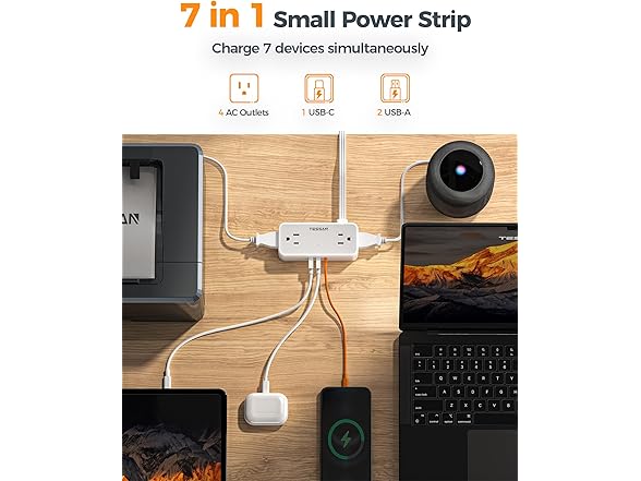 TESSAN 25ft Cord Power Strip (4 Outlets, 1 USB-C, 2 USB-A)