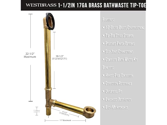 Westbrass A326-62 22-1/2" Brass Bath Waste & Overflow Assembly