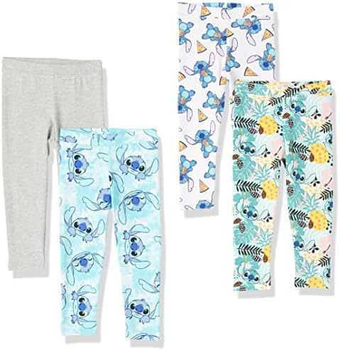 Amazon Essentials Disney | Marvel | Star Wars | Frozen | Princess Girls' Leggings, Pack of 4, Stitch/Pizza, Medium