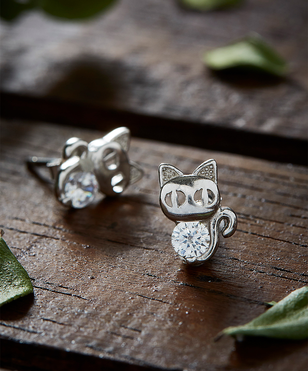 Sterling Silver Crystal Cat Earrings - Gallery 4