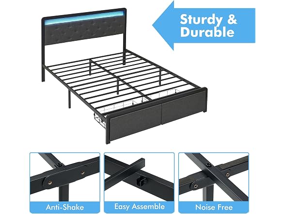 GAOMON Queen Bed w/ Drawers, LED, Grey