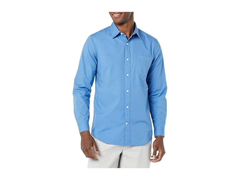 Amazon Essentials Men's Long-Sleeve Slim-Fit Stretch Poplin Shirt, Light Blue, Medium