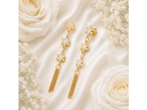 18K Gold Open Flower Tassel Earrings