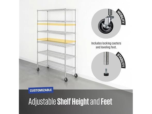SafeRacks NSF 6-Tier Steel Wire Rack w/Wheels (18"x48"x72")