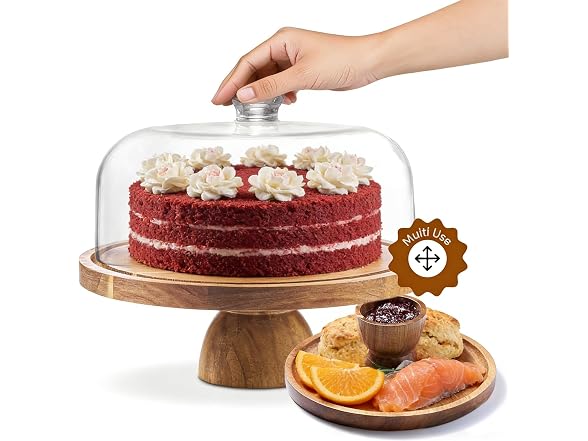 Takywep 2-in-1 Acacia Wood Cake Stand with Large Acrylic Dome 