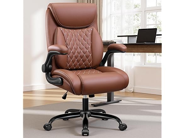 Office Chair, Ergonomic Desk Chair with Lumbar Support for Lower Back Pain Relief, Executive Leather Chair with Padded Flip-up Armrests and Wheels, Brown (Open Box)