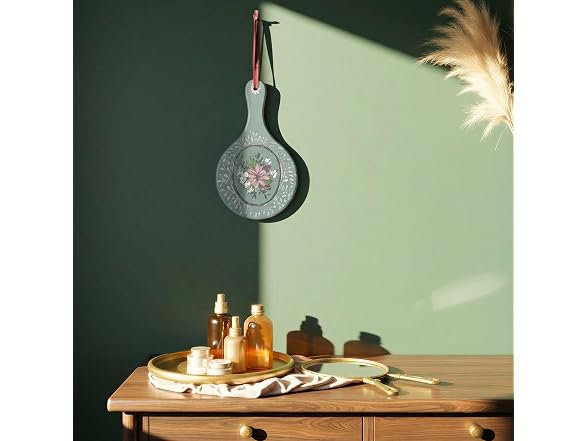 Creative CoOp Wood Hand Mirror Flowers Ribbon