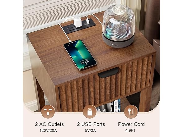 Nasonet Walnut Nightstands with Drawer, Set of 2