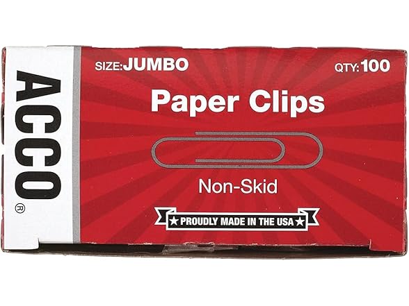 ACCO Non-Skid Paper Clips, No.4 Jumbo Size, 100 ct