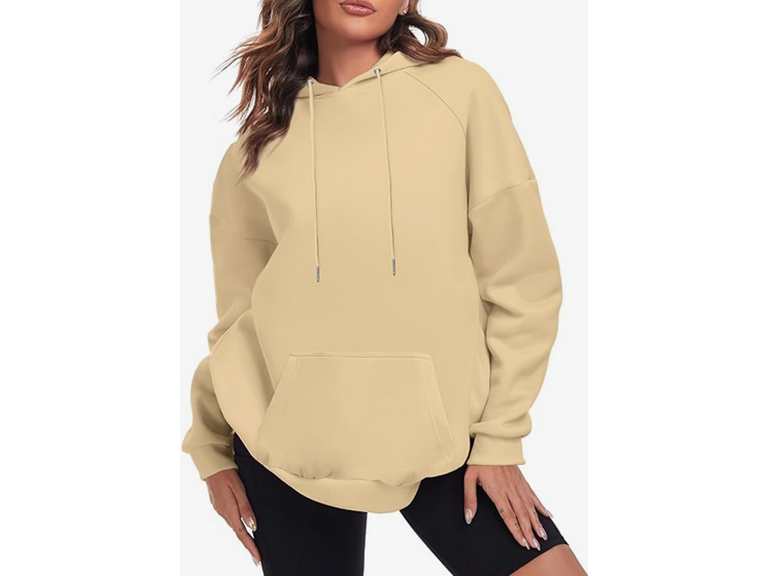 FKEEP Oversize Hoodies Women Fleece Crewneck Sweatshirt Casual Long Sleeve Pullover Tops with Pockets(Khaki,Large)