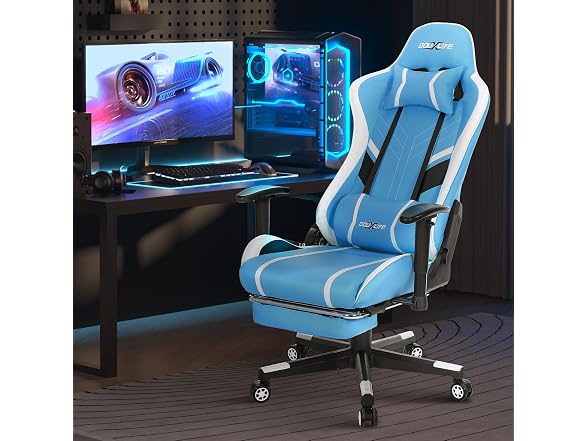 Massage Gaming Chair w/ Footrest, Blue