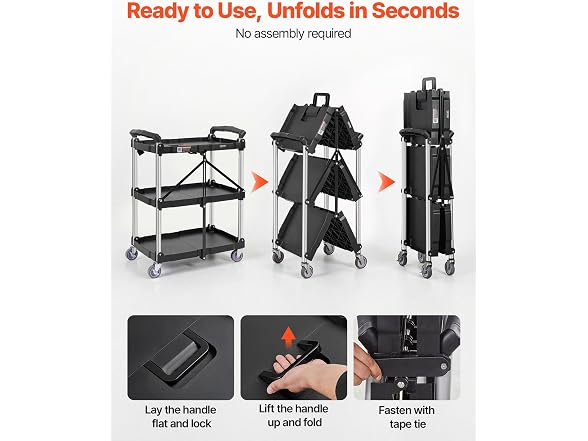 Foldable Utility Service Cart, 3 Shelf 165LBS